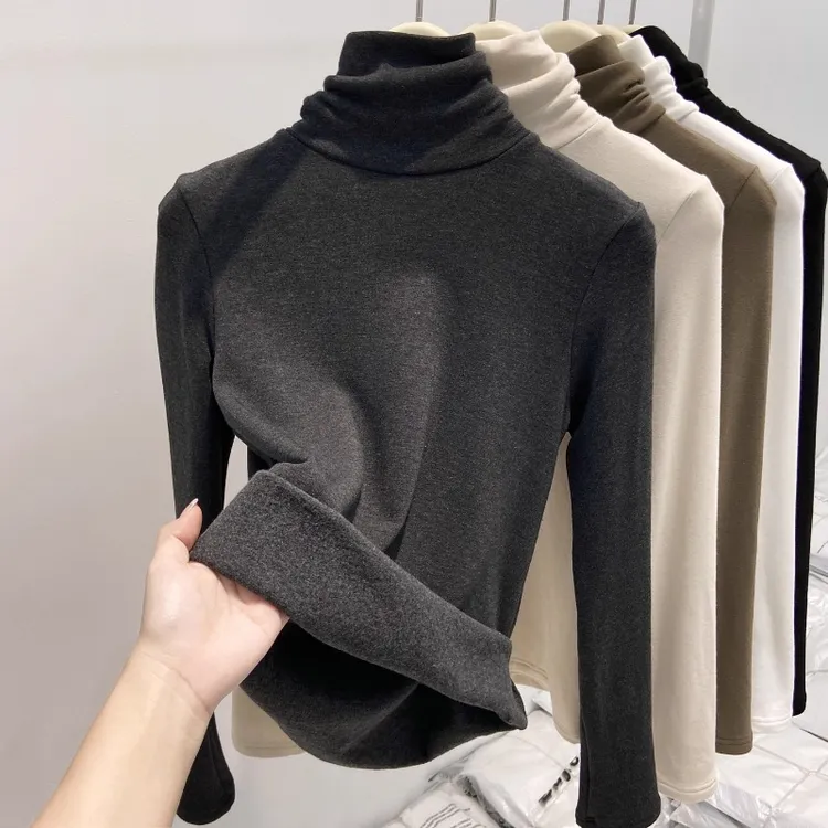 高领加绒加厚打底衫女羊绒内搭2025年秋冬新款纯色长袖磨毛上衣