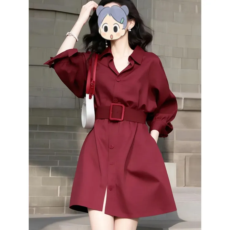 红色衬衫连衣裙女2025新款秋装轻奢高级感气质时尚洋气小个子短裙