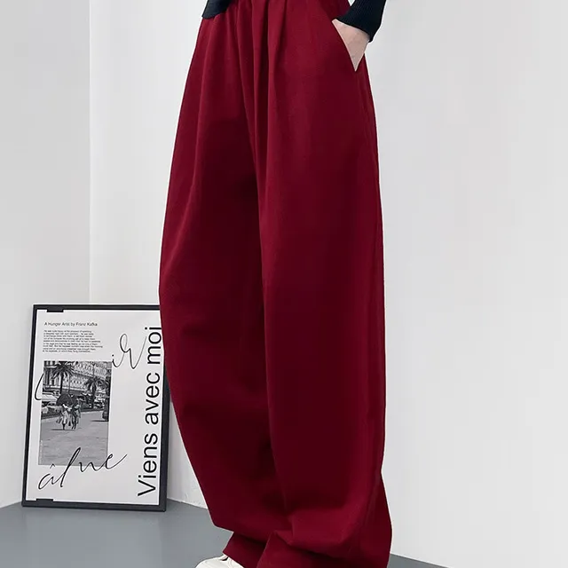 中国红色女士阔腿裤2025春季大码胖毫米小宽松显瘦Look香蕉运动休