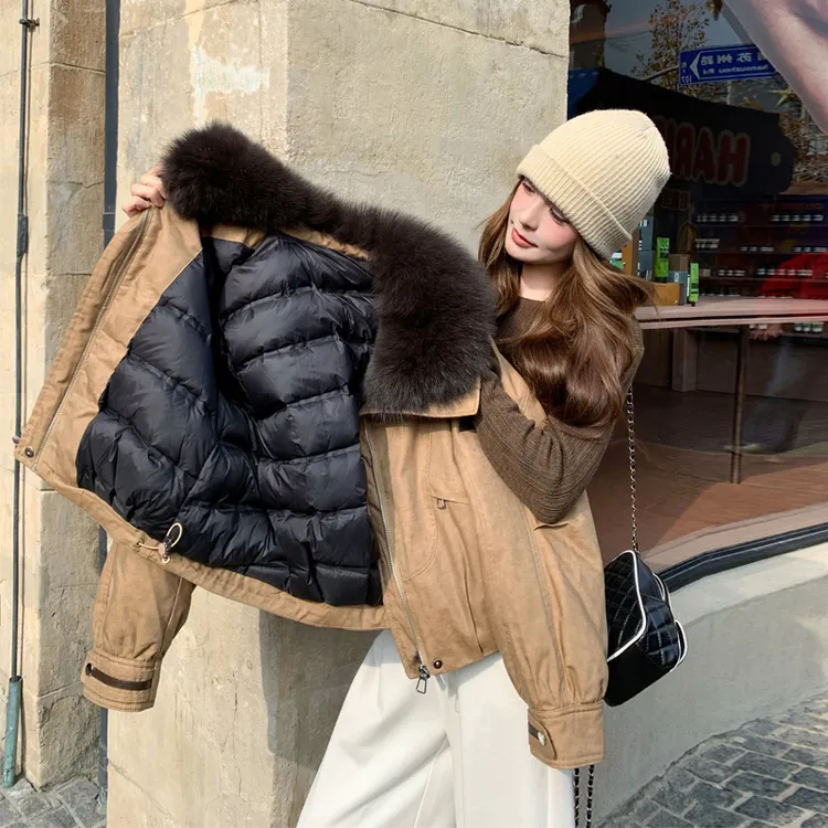 厚款韩版真毛领派克羽绒服2025冬装新款小众盐系甜酷风设计感夹克