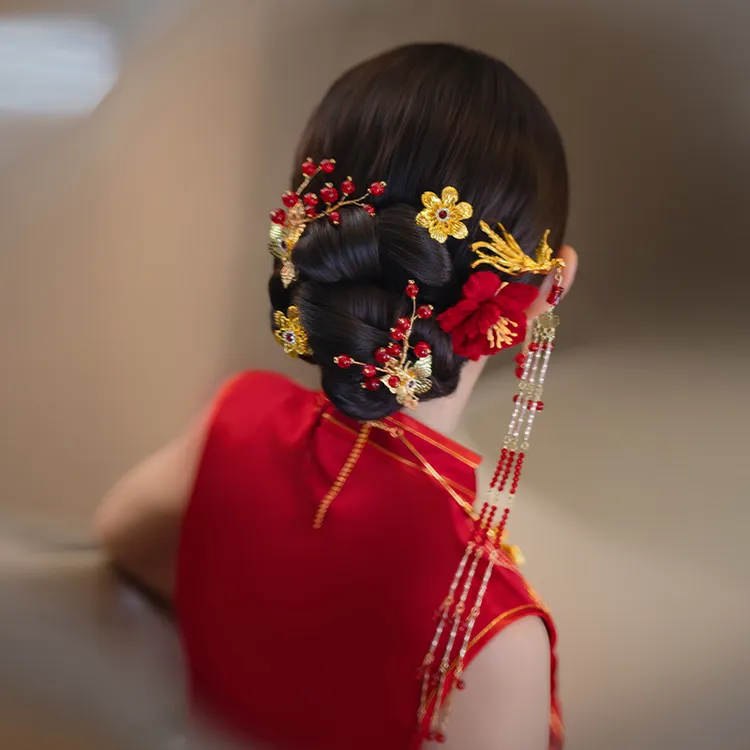 合金布艺婚庆饰品 新娘红色系绒花发饰精致凤凰流苏结婚头饰D0574