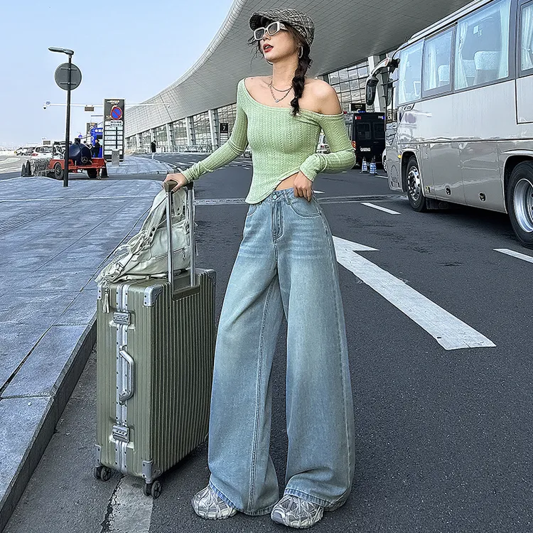 2025秋季新款春装新款阔腿裤直筒裤女装牛仔裤高腰裤子长裤，加长