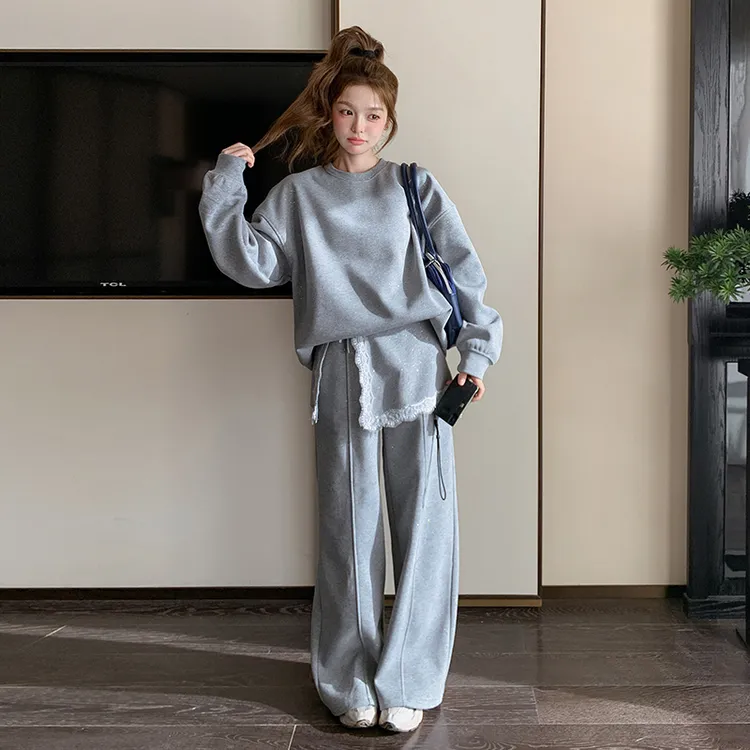 灰色松弛感卫衣套装女2025秋季新款休闲上衣花边拼接阔腿裤两件套