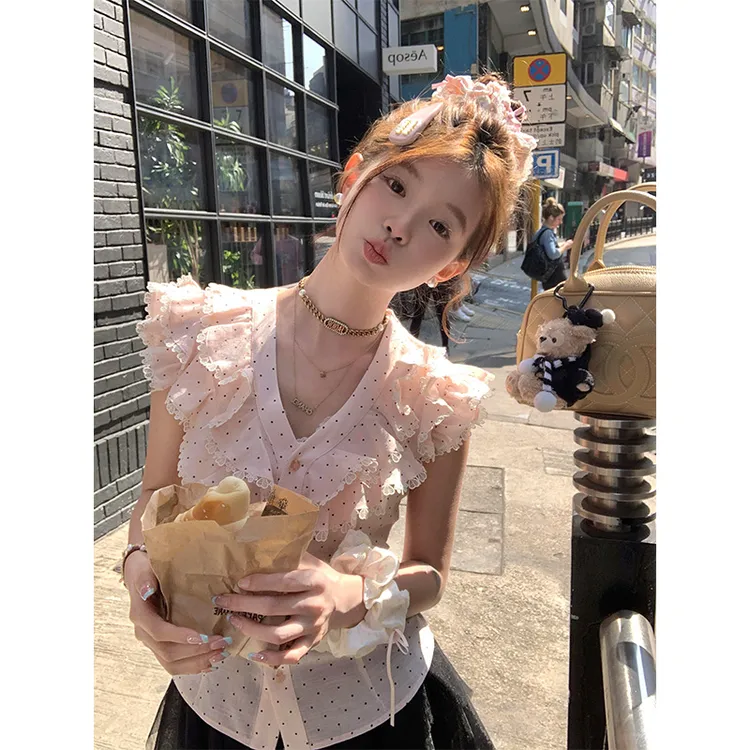 甜美少女感套装穿搭粉色荷叶边小飞袖波点上衣气质半身裙女两件套