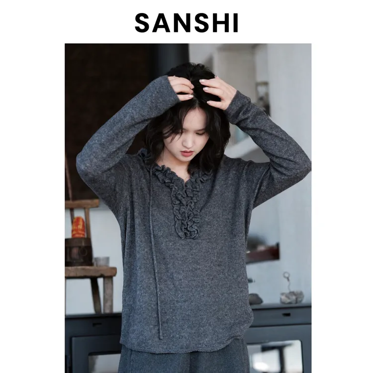 SANSHI【花瓣领毛衫】秋冬宽松版长袖套头毛针织衫 时尚百搭薄款