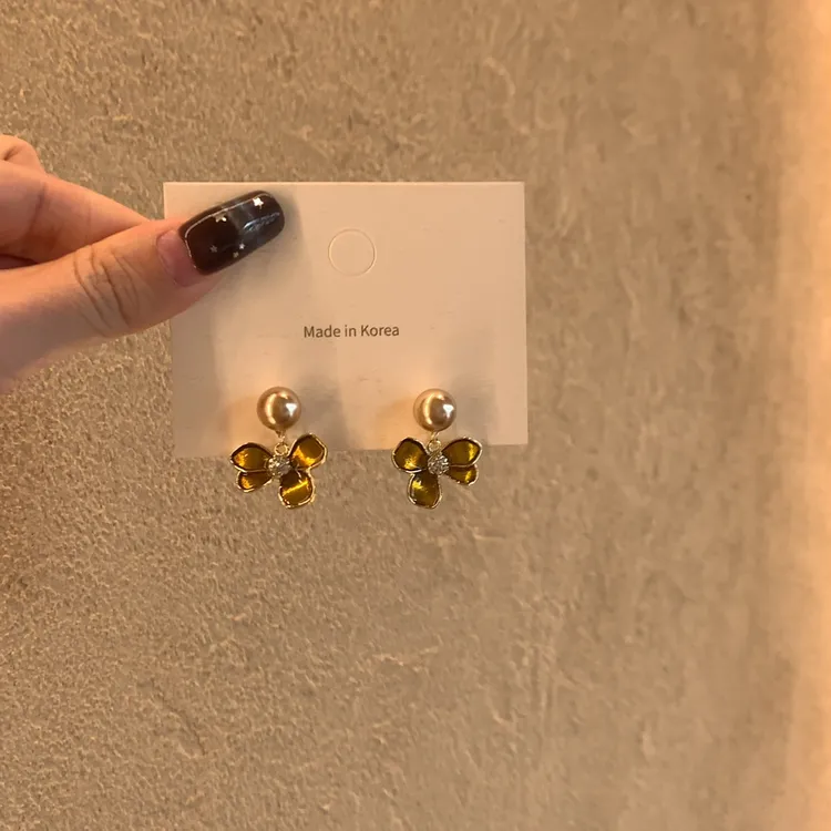 合金仿珍珠耳饰 咖色美拉德复古花朵耳钉女法式轻奢高级感耳饰