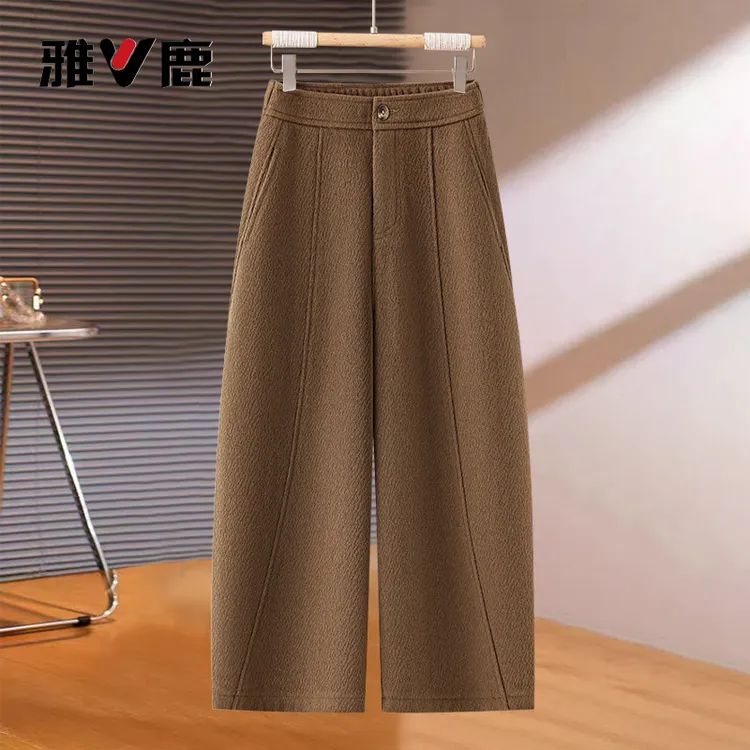 雅鹿毛呢阔腿弯刀裤秋冬2025爆款八分加绒哈伦裤小个子九分阔腿裤