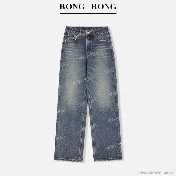 溶溶【美式牛仔】RONGRONG 高腰定制双工艺洗水显瘦直筒牛仔裤1286