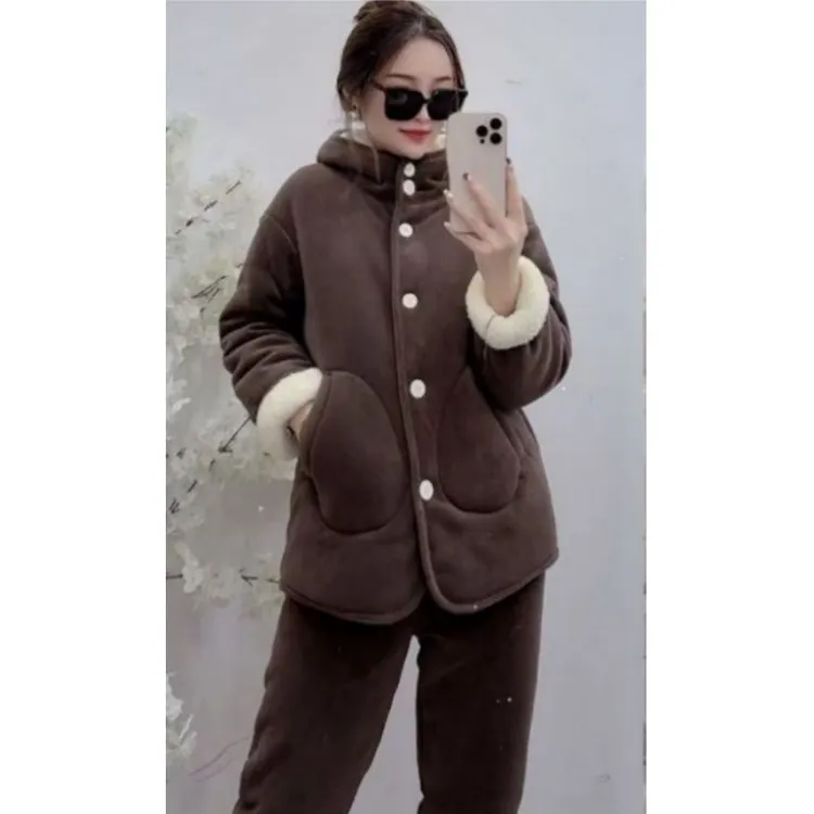 冬季新款韩系连帽海豚绒棉衣棉裤俩件套女三层加厚家居睡衣服套装