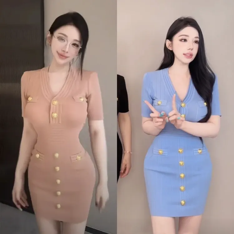 法式气质金属扣修身显瘦包臀裙时尚性感收腰连衣裙女夏季优雅裙子