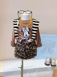 女童秋季薄绒卡通打底衫豹纹毛呢裙套装女宝洋气长袖T恤半身裙潮