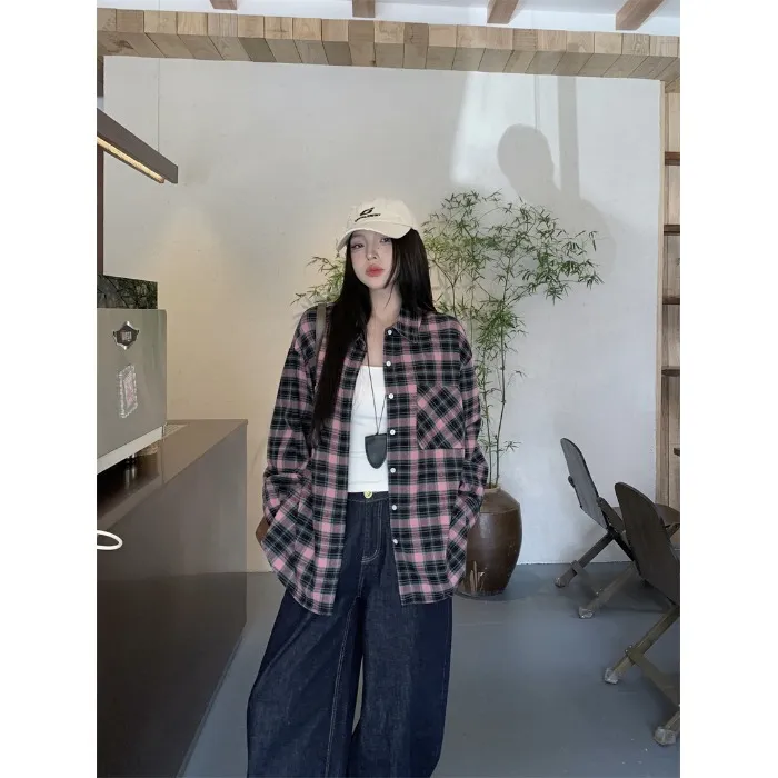 慵懒风复古格子polo领衬衫外套女秋季宽松长袖衬衣设计感开衫上衣