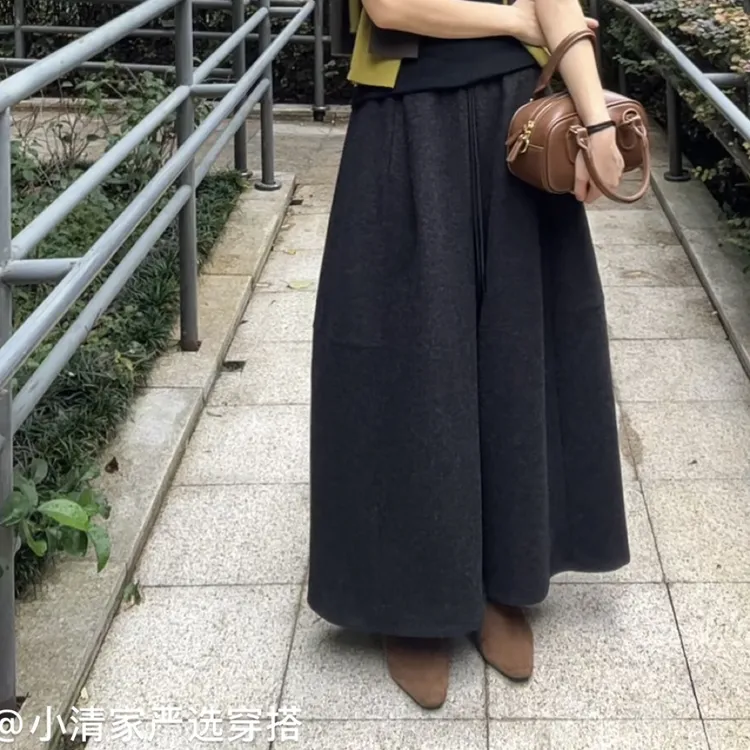 小清家）秋冬灰黑色呢子松紧高腰抽绳休闲宽松百搭显瘦阔腿女裤