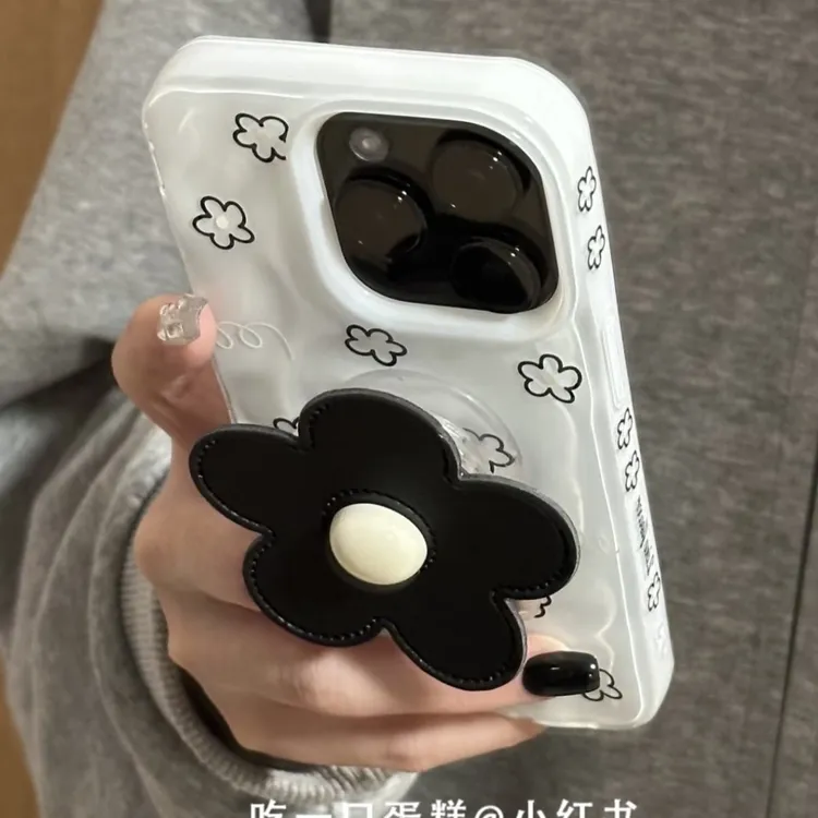 英文黑色线条花朵凹凸适用苹果16Promax新款15手机壳14女13保护套
