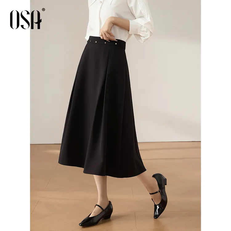 OSA/欧莎 通勤优雅黑色半身裙女显瘦金属铆钉大摆伞裙S125C51004
