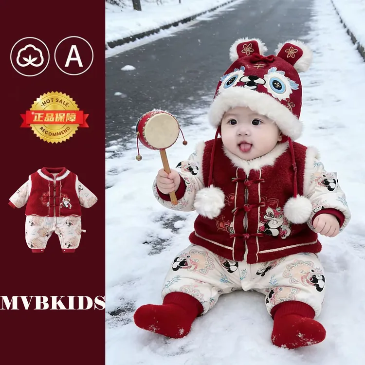 婴儿喜庆过年服夹棉连体衣宝宝中国风马甲套装冬装拜年服满月服冬