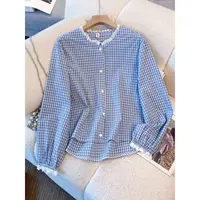 1097 韩系格子长袖衬衫春秋设计感小众减龄小清新灯笼袖