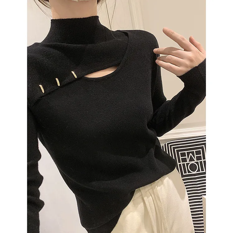 韩系镂空显瘦针织衫女2025秋冬新款女装时尚半高领百搭打底衫上衣