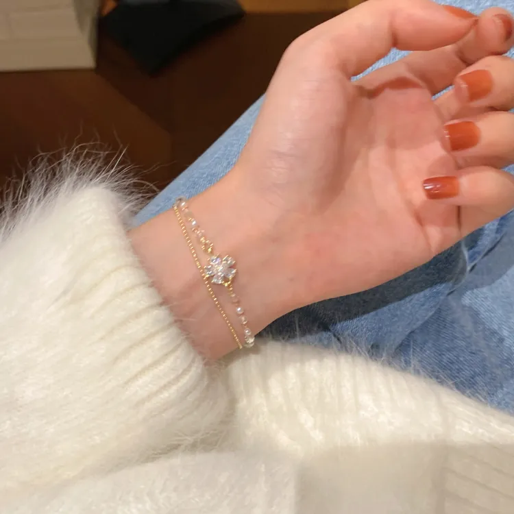 铜合金锆石手链 超闪锆石双层花朵手链新款轻奢小众高级感手饰