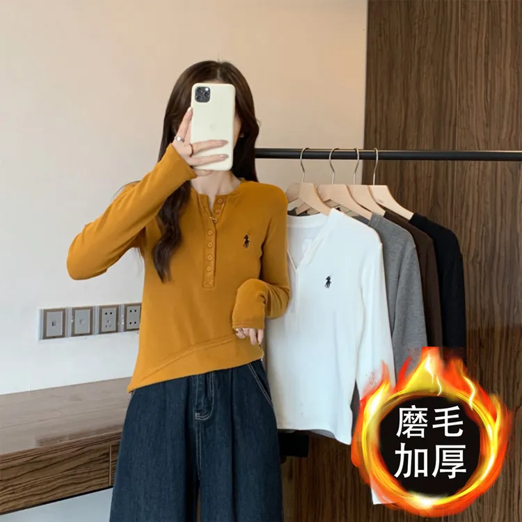 大码女装2025秋冬新款百搭显瘦打底磨毛加厚纽扣长袖T恤上衣2281