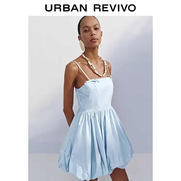 UR2025秋季新款女装休闲蝴蝶结系带花苞吊带连衣裙UYY750111