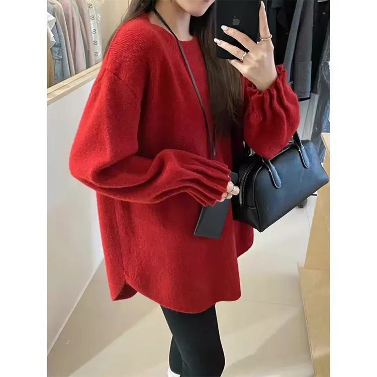 圣诞新年氛围感红色毛衣2025冬装新款女时尚慵懒风套头打底针织衫