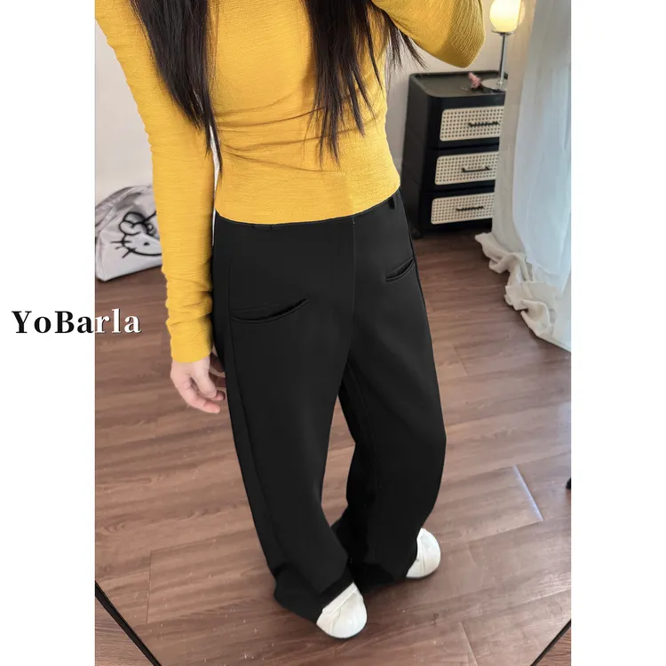 黑色休闲直筒西装裤女秋季新款大码胖mm宽松显瘦高腰垂感阔腿裤子