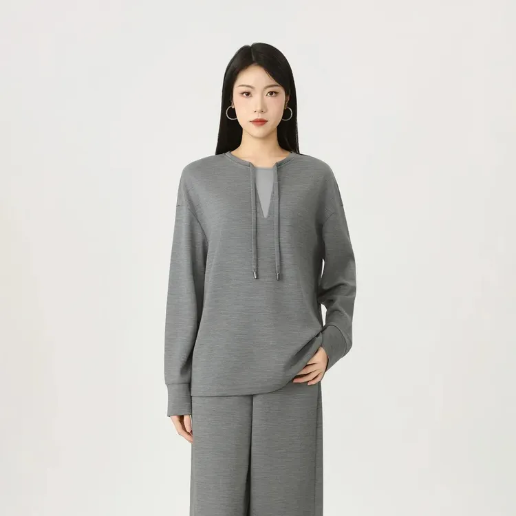 AMASS/阿玛施秋季新款530080羊毛宽松慵懒显瘦灰色百搭假两件卫衣