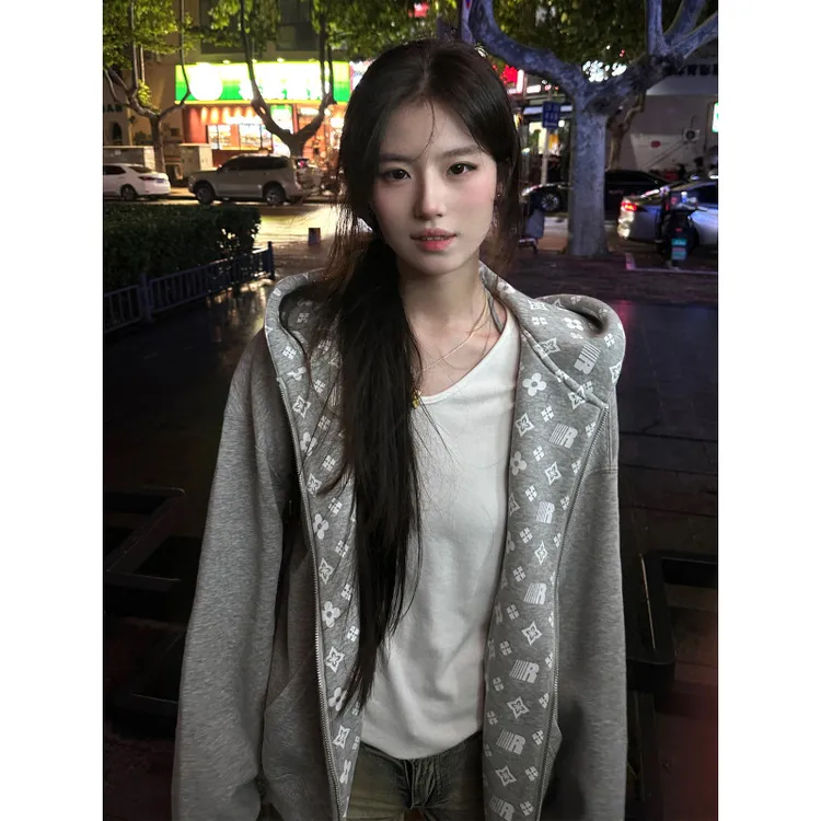 灰色满印花内连帽开衫卫衣男女春秋款美式复古慵懒风情侣正肩外套