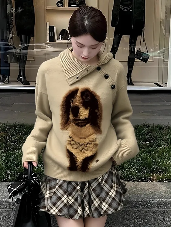 巨好看的韩系小众设计感软糯慵懒风翻领小狗印花加厚针织衫毛衣潮