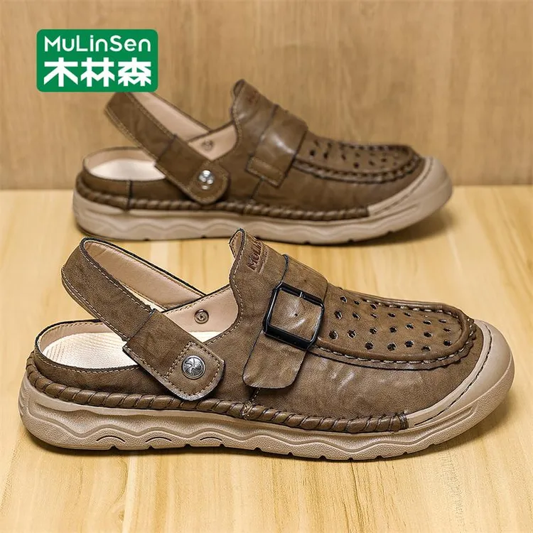 木林森皮凉鞋男款夏季外穿防滑沙滩洞洞鞋男士开车两用包头半拖鞋