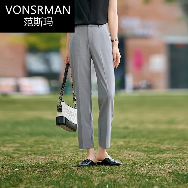 垂顺烟管裤子女2025夏季新款时尚直筒裤九分灰色西裤小个子穿搭