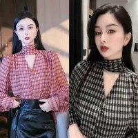刘欣服饰 2025新款秋装雪纺格子系带领排扣衬衣网红长袖衣8494