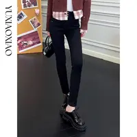 余潇潇【超优曲线】时尚拼接烫钻工艺加绒高腰显瘦九分小脚牛仔裤