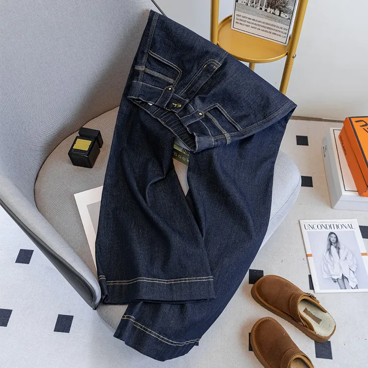 083丹宁蓝阔腿牛仔裤女宽松2025春秋款垂感显瘦松紧腰微喇拖地裤