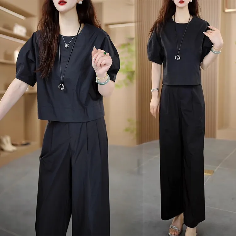 纯色短袖小衫套装女2025夏季新款时尚气质显瘦上衣休闲裤子两件套