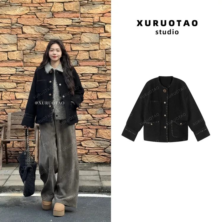 XURUOTAO【都市格调】羊毛小香夹棉设计时髦显瘦黑色外套 T5808