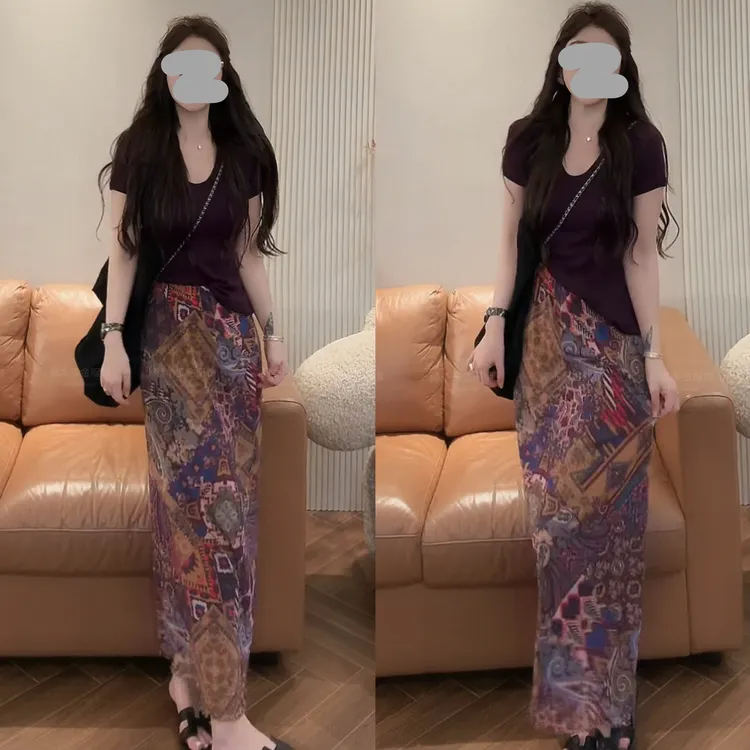 2025夏季新款度假风纯色百搭收腰显瘦U领上衣T恤修身半身裙套装女