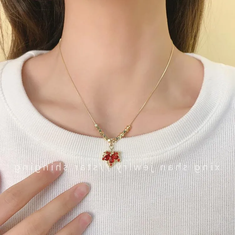 钛钢锆石项链 听说枫叶是秋天温暖的告白~红色锆石百搭高级感吊坠