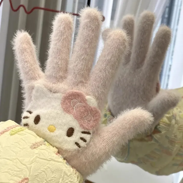 可爱kt猫毛线手套冬季女保暖防寒学生电动车骑行骑车加厚加绒防冻