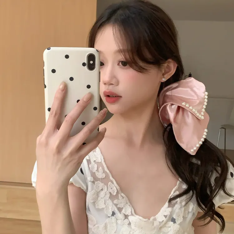 法式缎面珍珠方巾发圈优雅气质大肠圈发绳低马尾头绳高级感发饰品