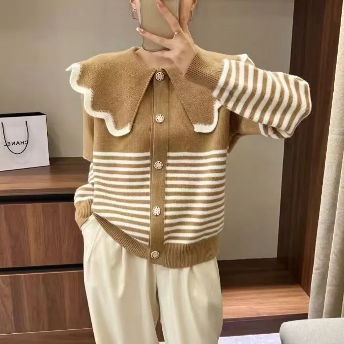 学院风洋气外套女2025年春秋新款条纹减龄甜美风软糯毛衣针织开衫