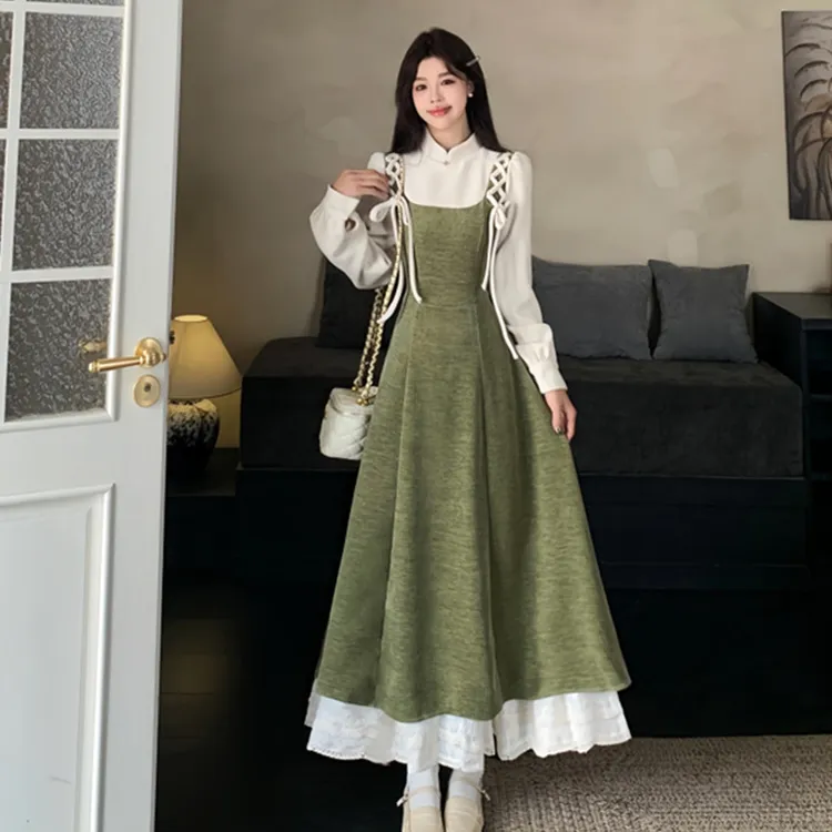 法式复古超好看假两件连衣裙秋冬新款大码胖mm设计感收腰显瘦长裙