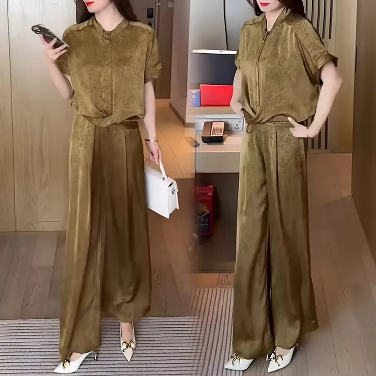 时尚套装女2025夏季新款时髦洋气设计感短袖阔腿裤缎面提花两件套