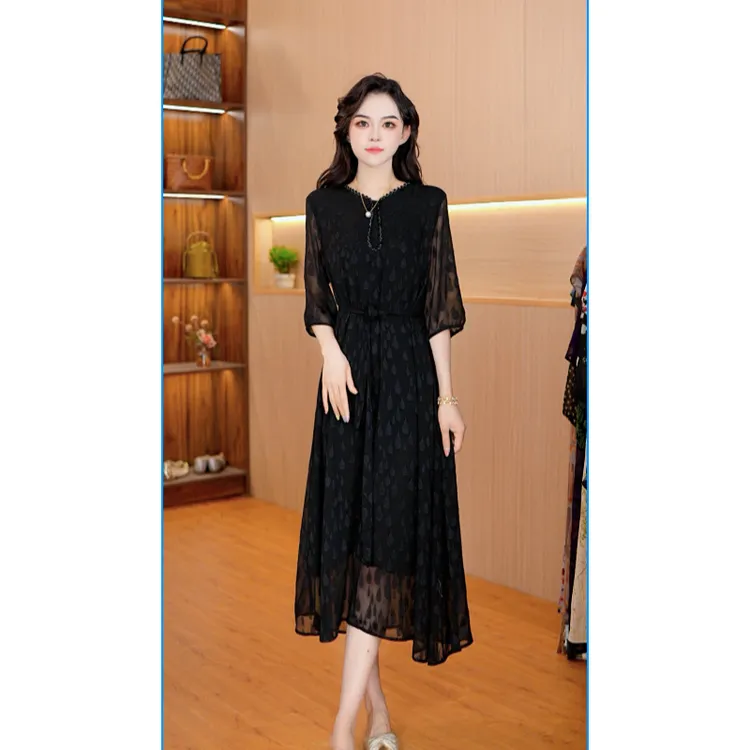 7366-66四季轻熟风大摆裙中袖显瘦连衣裙修身裙子赫本风晕染