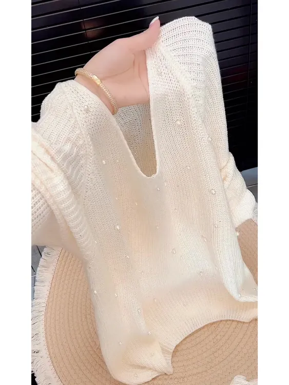 欧货镂空钉珠设计针织衫上衣女秋季薄款百搭时尚慵懒风宽松毛衣潮