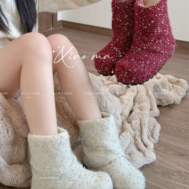 小马家 增高6CM小香风亮片短靴女粗跟冬季时尚气质配裙子百搭靴子