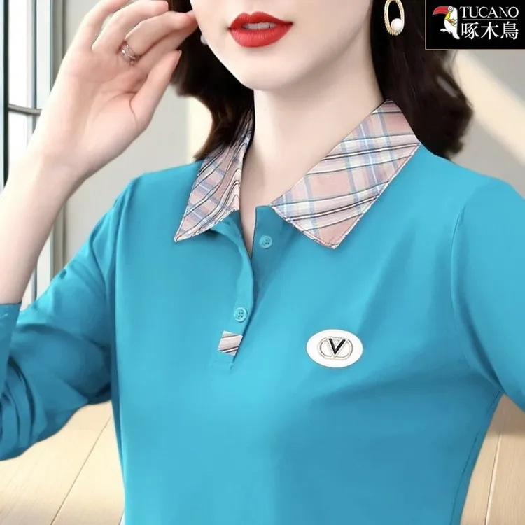 啄木鸟秋季长袖纽扣POLO衫女减龄潮流时尚翻领上衣T恤2025年新款