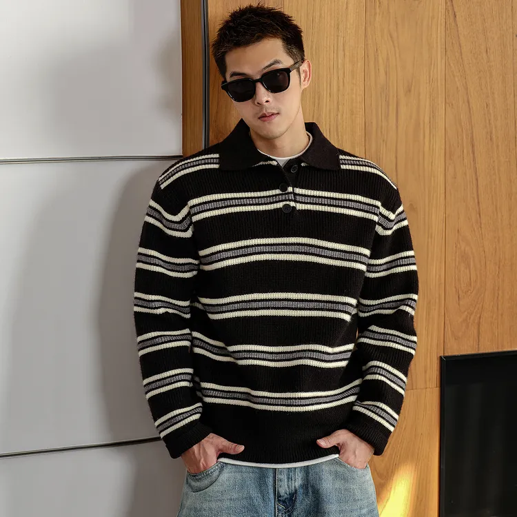 Aft studio900g重磅 撞色条纹亨利领毛衣男秋冬男装高级感针织衫