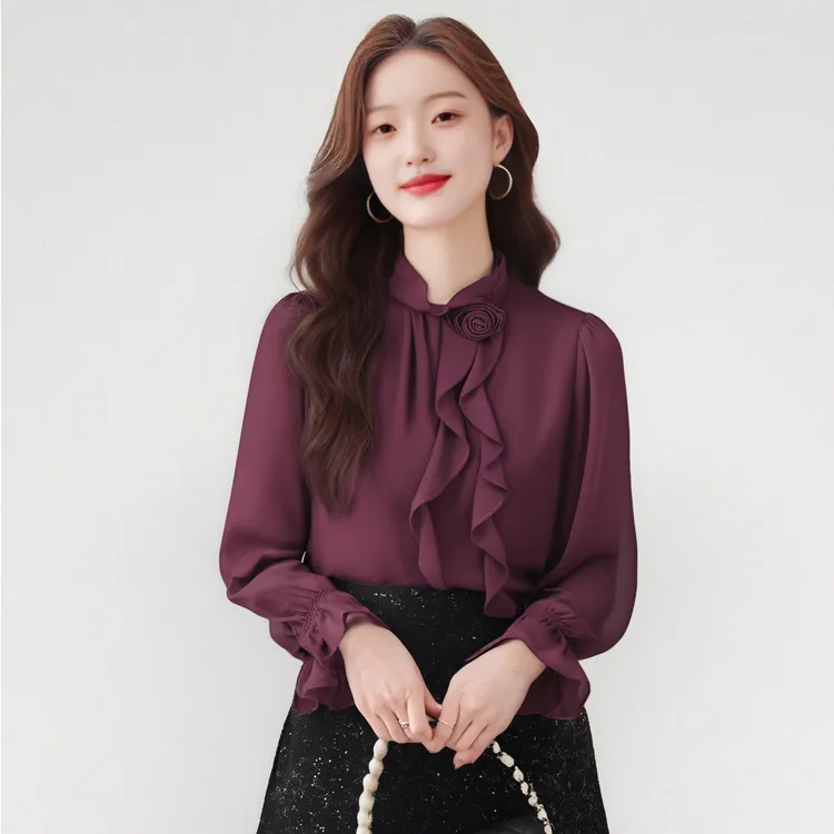 宽松型百搭长袖气质法式立领衬衫衬衣雪纺衫春季小众小衫荷叶边